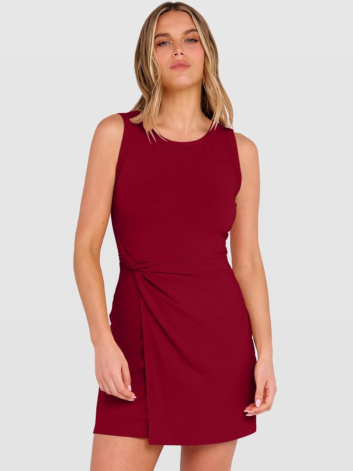 image:imageANRABESS Womens Summer Dresses 2026 Bodycon Sleeveless Romper Skort Twist Waist Night Out Vacation Mini Dress Built in ShortsDeep Red