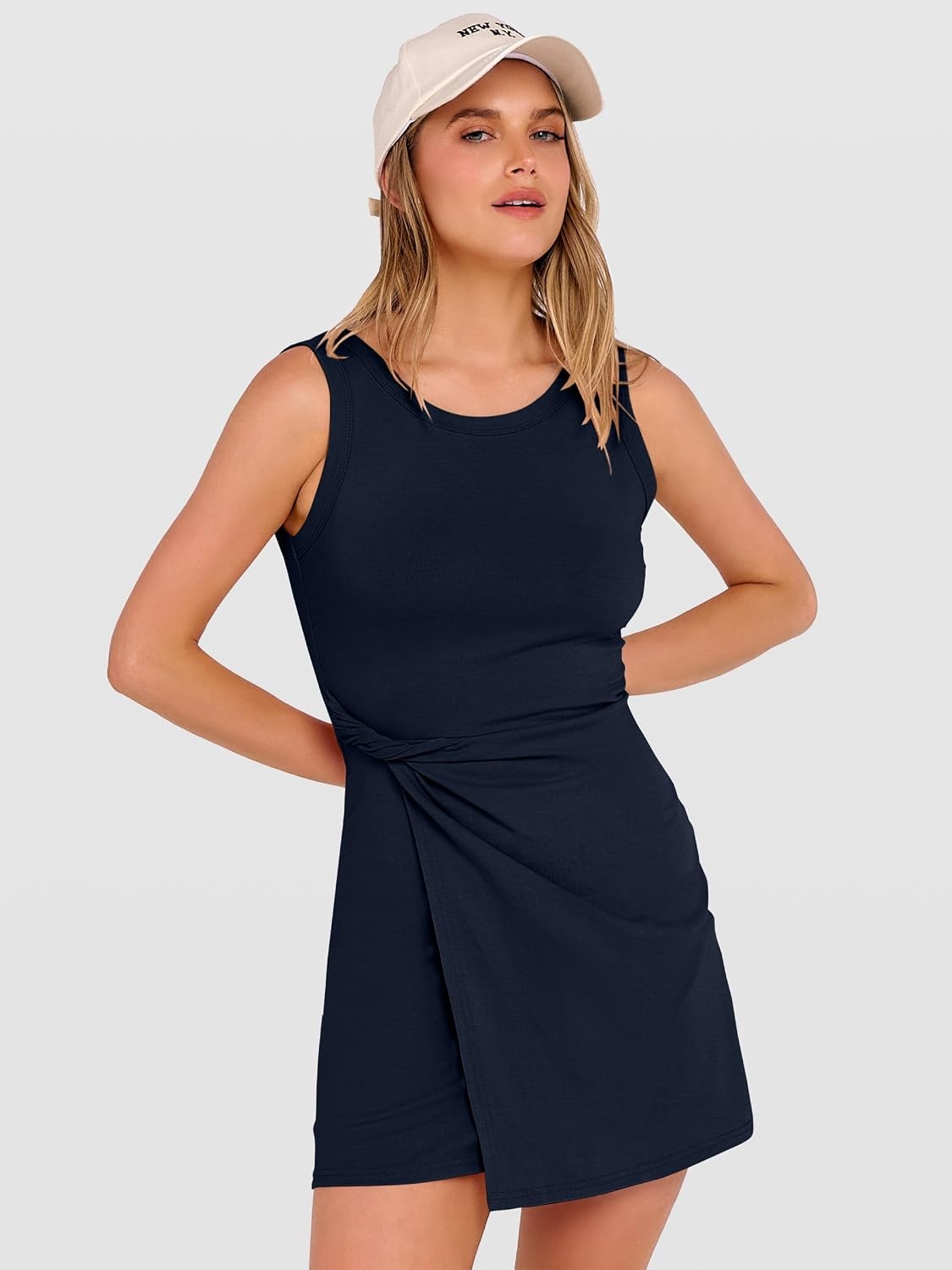 image:imageANRABESS Womens Summer Dresses 2026 Bodycon Sleeveless Romper Skort Twist Waist Night Out Vacation Mini Dress Built in ShortsNavy Blue