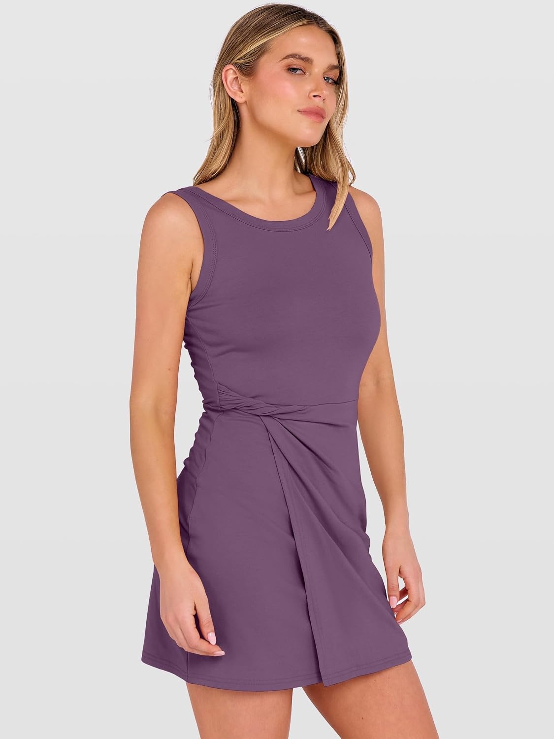 image:imageANRABESS Womens Summer Dresses 2026 Bodycon Sleeveless Romper Skort Twist Waist Night Out Vacation Mini Dress Built in ShortsPurple