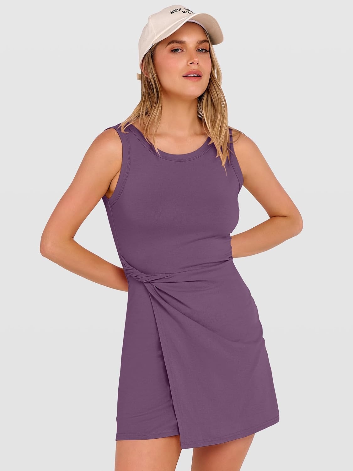image:imageANRABESS Womens Summer Dresses 2026 Bodycon Sleeveless Romper Skort Twist Waist Night Out Vacation Mini Dress Built in ShortsPurple