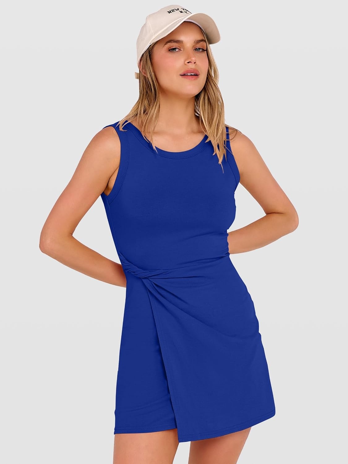image:imageANRABESS Womens Summer Dresses 2026 Bodycon Sleeveless Romper Skort Twist Waist Night Out Vacation Mini Dress Built in ShortsRoyal Blue