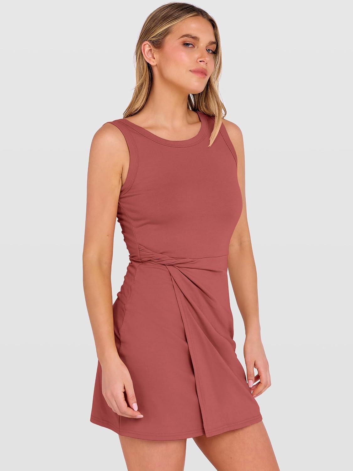 image:imageANRABESS Womens Summer Dresses 2026 Bodycon Sleeveless Romper Skort Twist Waist Night Out Vacation Mini Dress Built in ShortsRust Red
