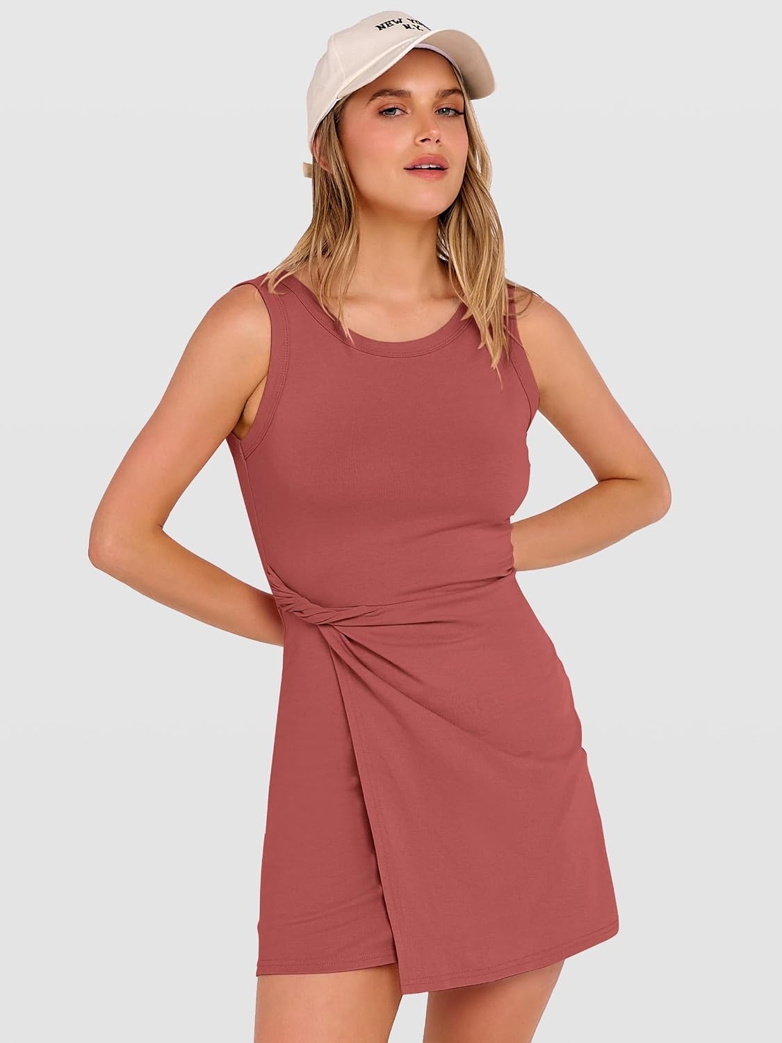 image:imageANRABESS Womens Summer Dresses 2026 Bodycon Sleeveless Romper Skort Twist Waist Night Out Vacation Mini Dress Built in ShortsRust Red