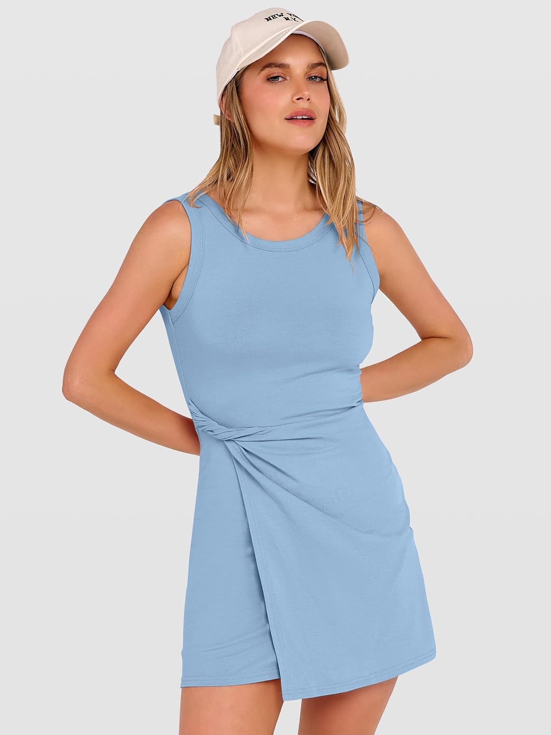 image:imageANRABESS Womens Summer Dresses 2026 Bodycon Sleeveless Romper Skort Twist Waist Night Out Vacation Mini Dress Built in ShortsSky Blue