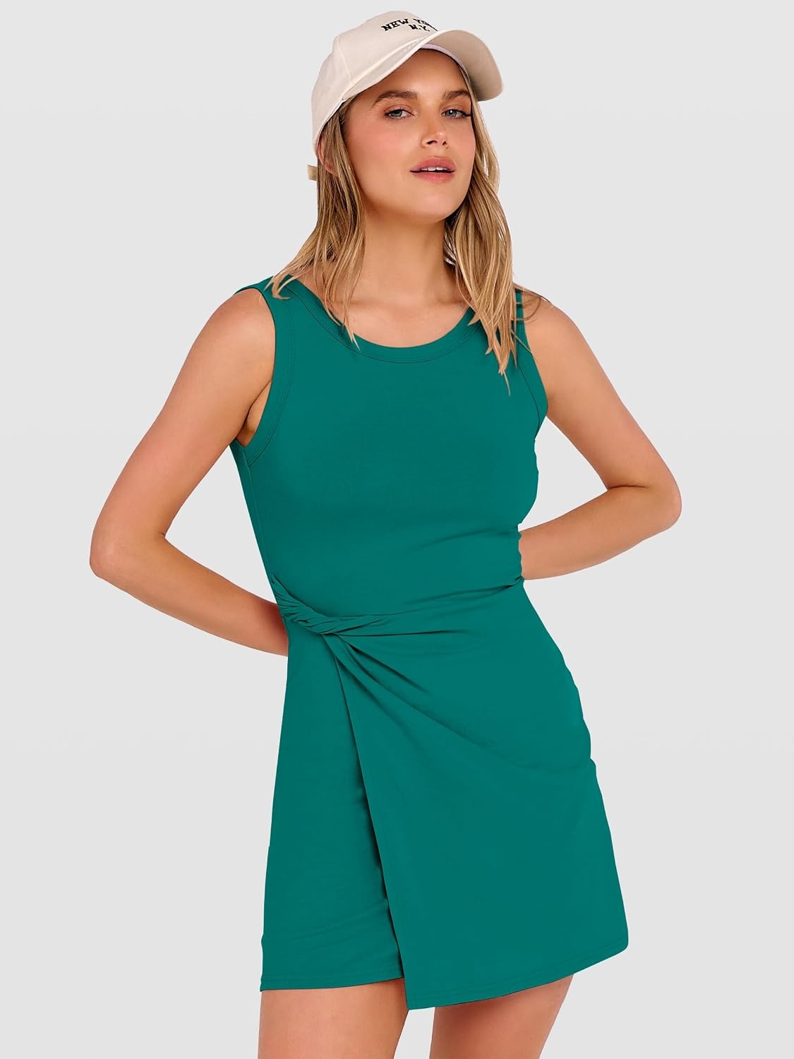 image:imageANRABESS Womens Summer Dresses 2026 Bodycon Sleeveless Romper Skort Twist Waist Night Out Vacation Mini Dress Built in ShortsTeal