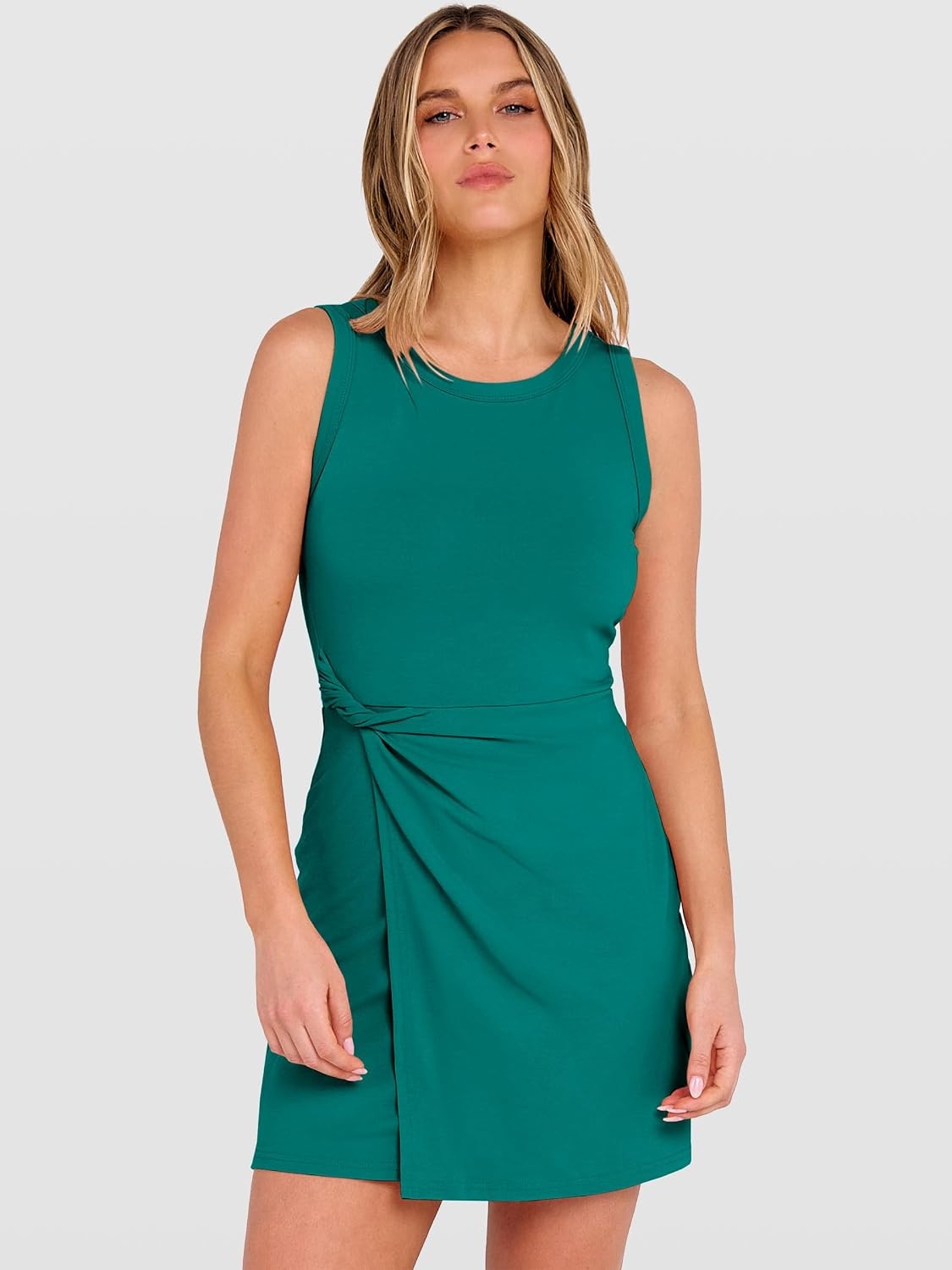 image:imageANRABESS Womens Summer Dresses 2026 Bodycon Sleeveless Romper Skort Twist Waist Night Out Vacation Mini Dress Built in ShortsTeal
