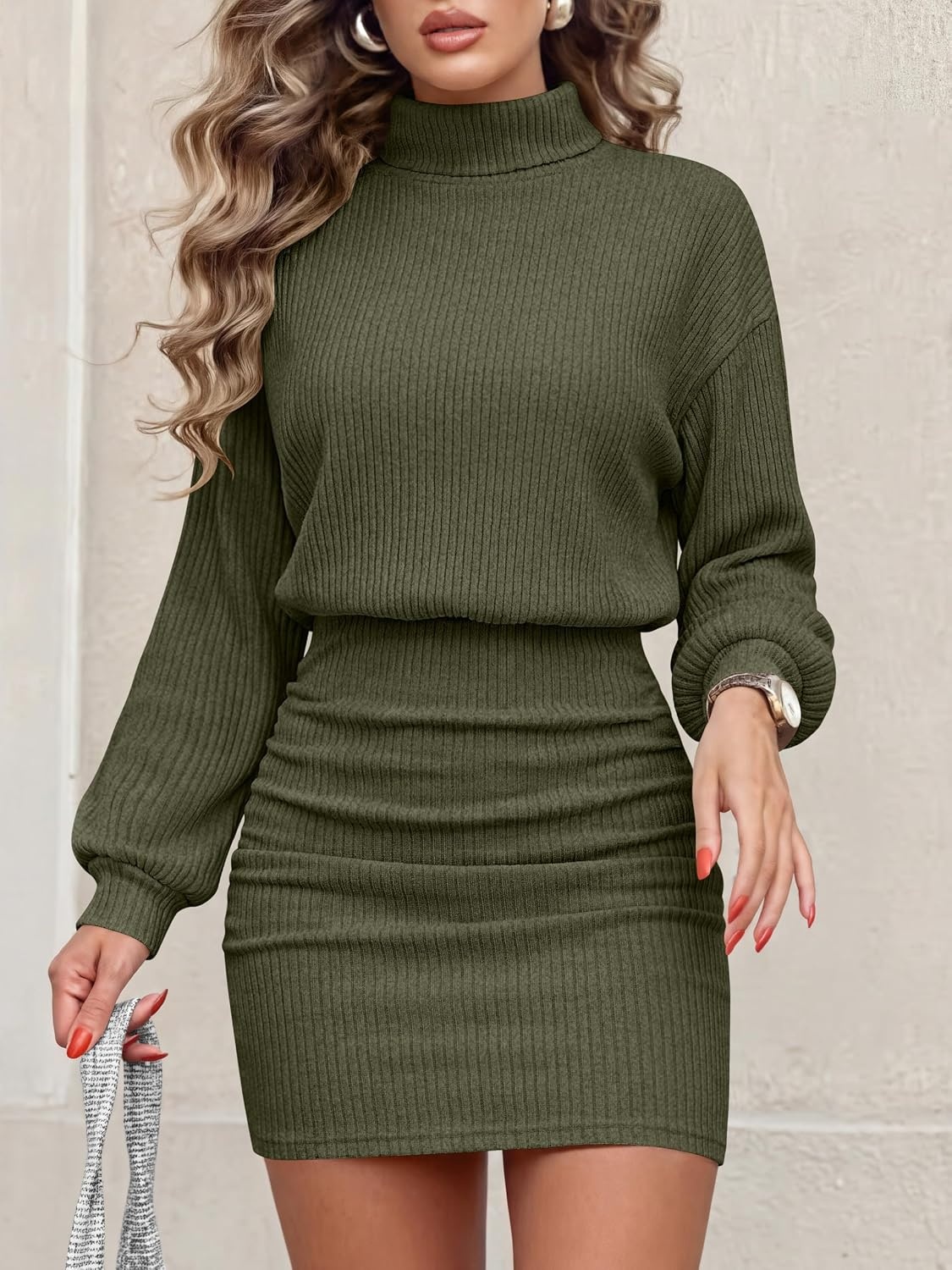 image:imageANRABESS Womens Turtleneck Long Sleeve Bodycon Mini Sweater DressArmy Green