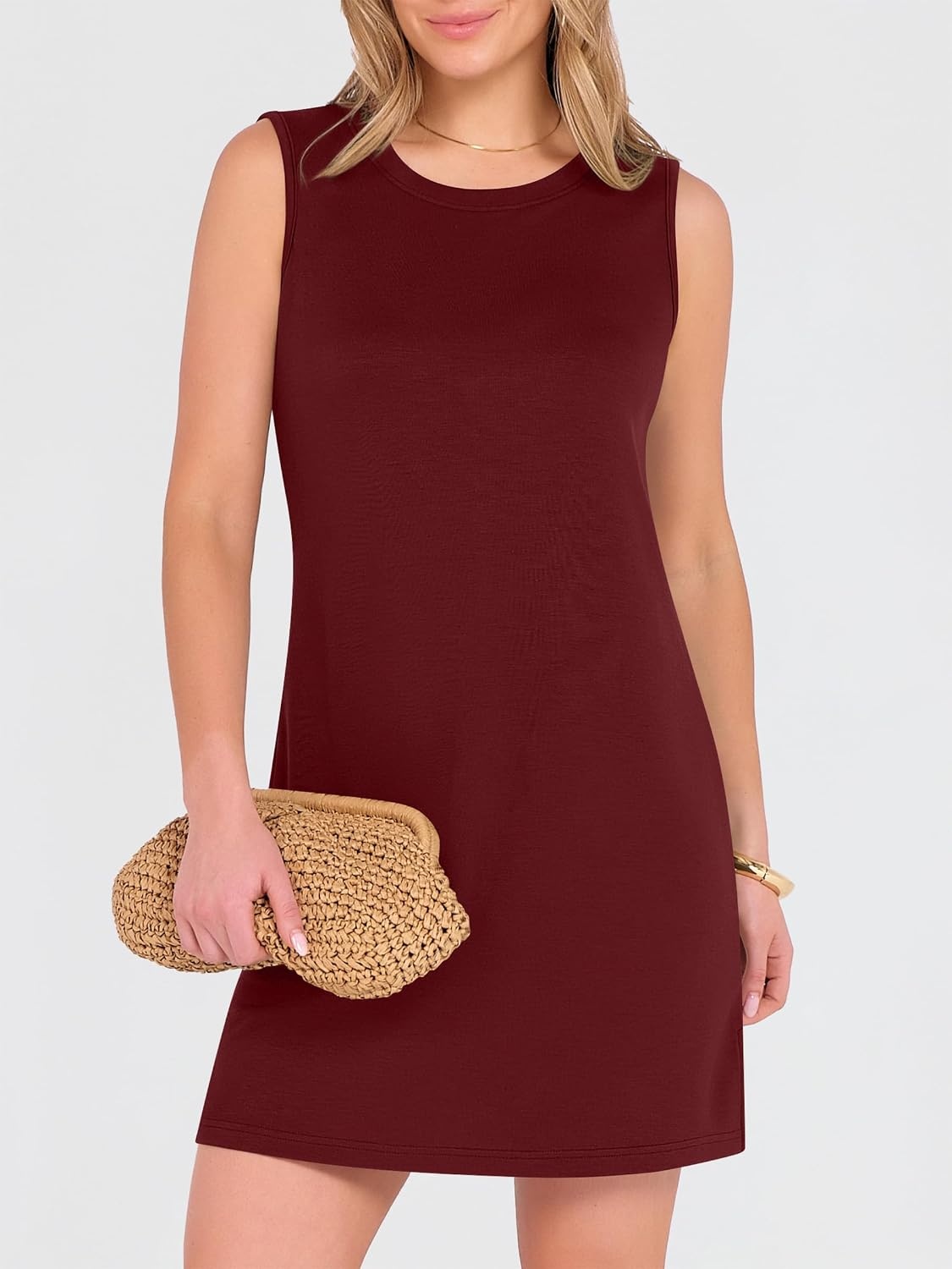 image:imageANRABESS Womens Wrinkle Free Summer Casual Sleeveless Mini DressesWine Red