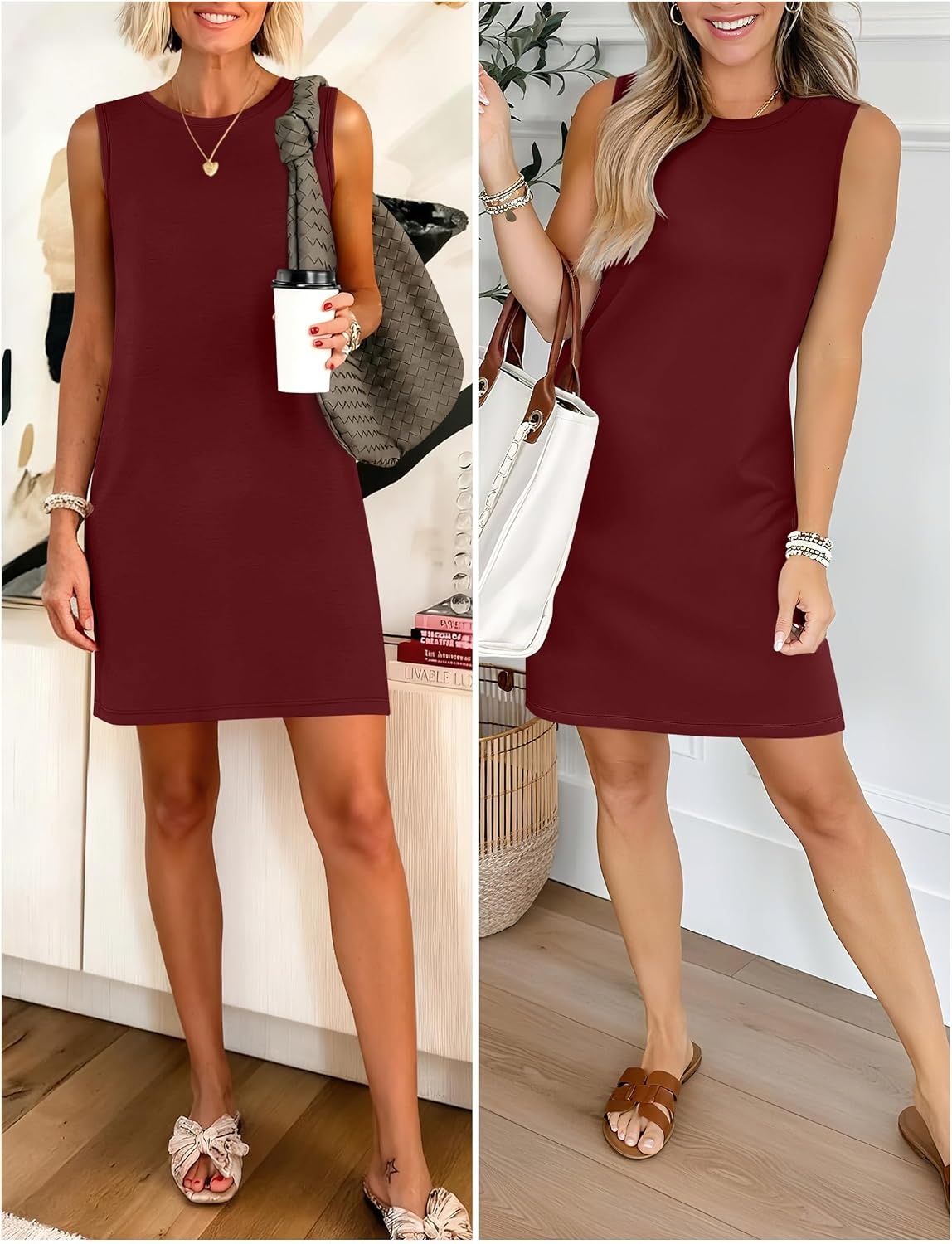 image:imageANRABESS Womens Wrinkle Free Summer Casual Sleeveless Mini DressesWine Red