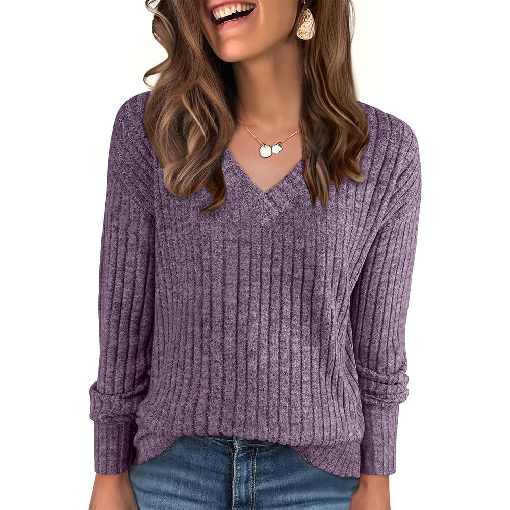 image:imageANRABESS Ribbed V Neck Long Sleeve Shirts for WomenPurple