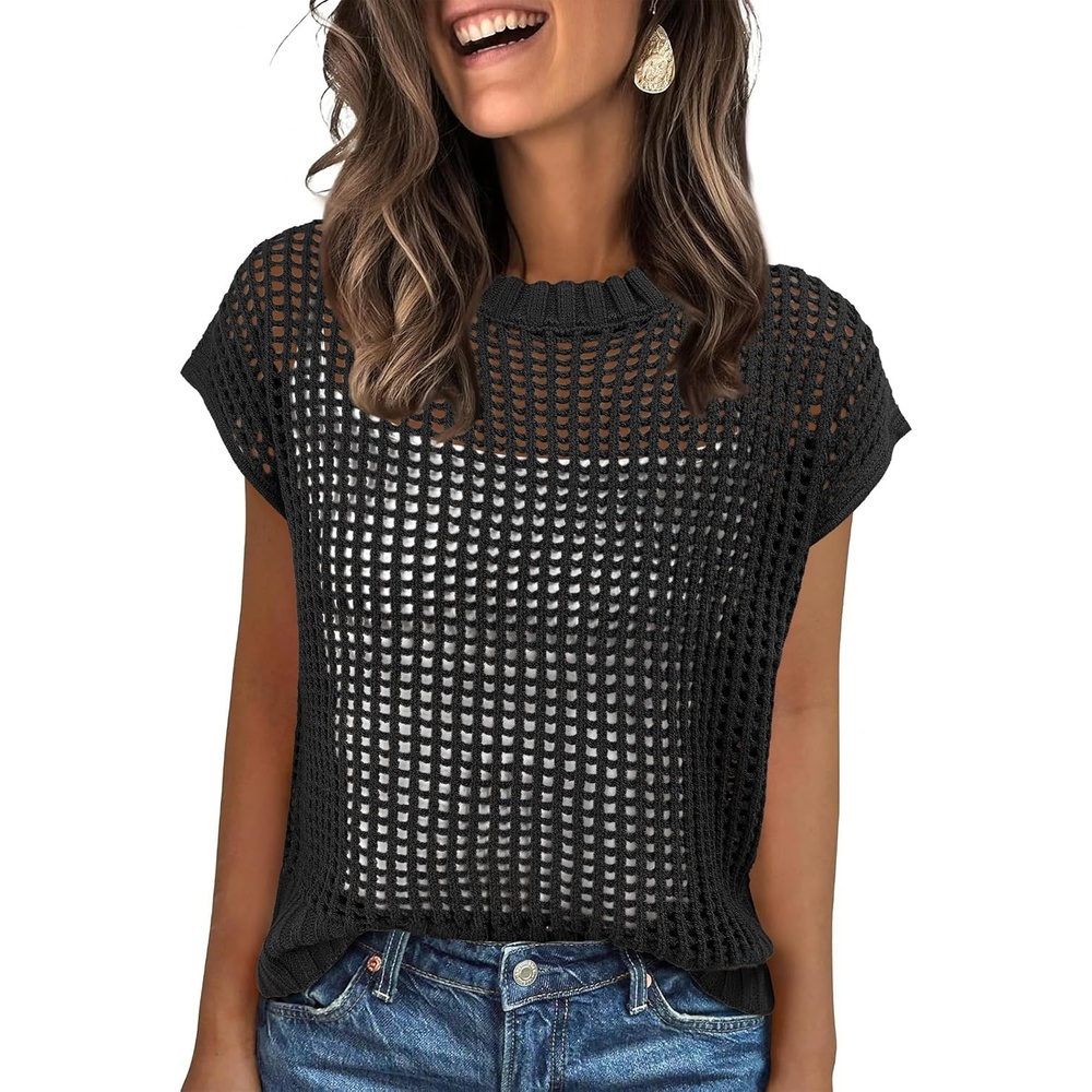 image:imageANRABESS Short Sleeve Sweater for Women Summer Crochet Knit TopsBlack