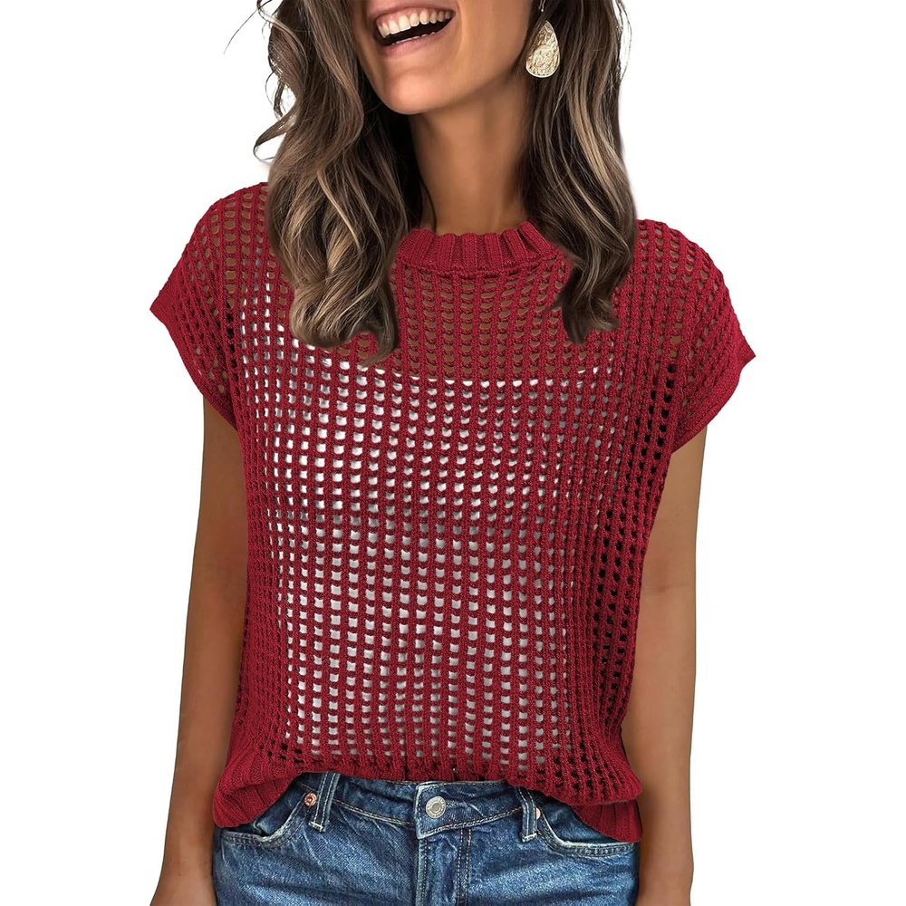 image:imageANRABESS Short Sleeve Sweater for Women Summer Crochet Knit TopsRed