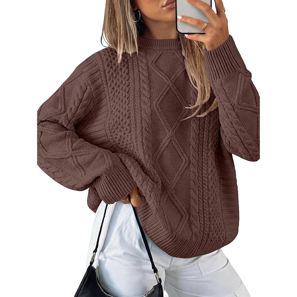 image:imageANRABESS Sweaters for Women Oversized Cable Knit Pullover Fall OutfitsRed Brown