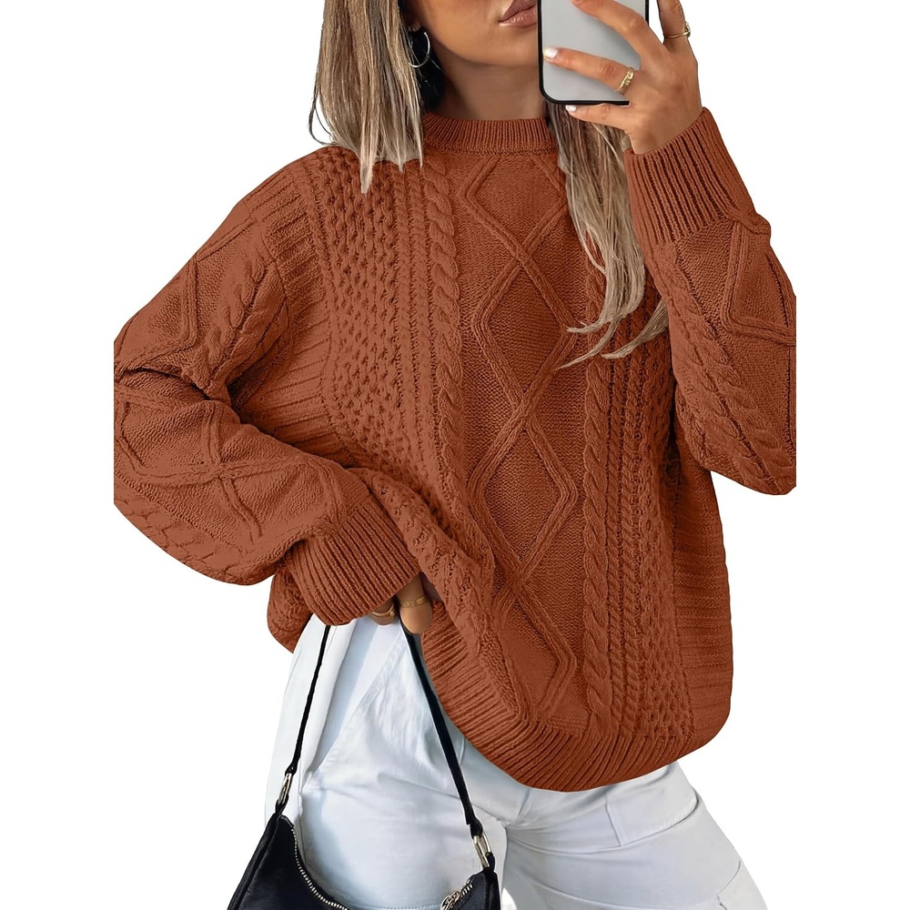 image:imageANRABESS Sweaters for Women Oversized Cable Knit Pullover Fall OutfitsRust Orange