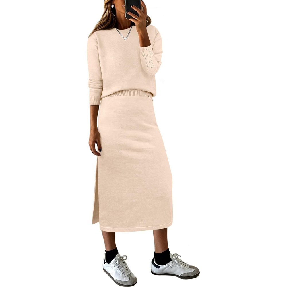 image:imageANRABESS Women 2 Piece Striped Sweater Skirt SetBeige