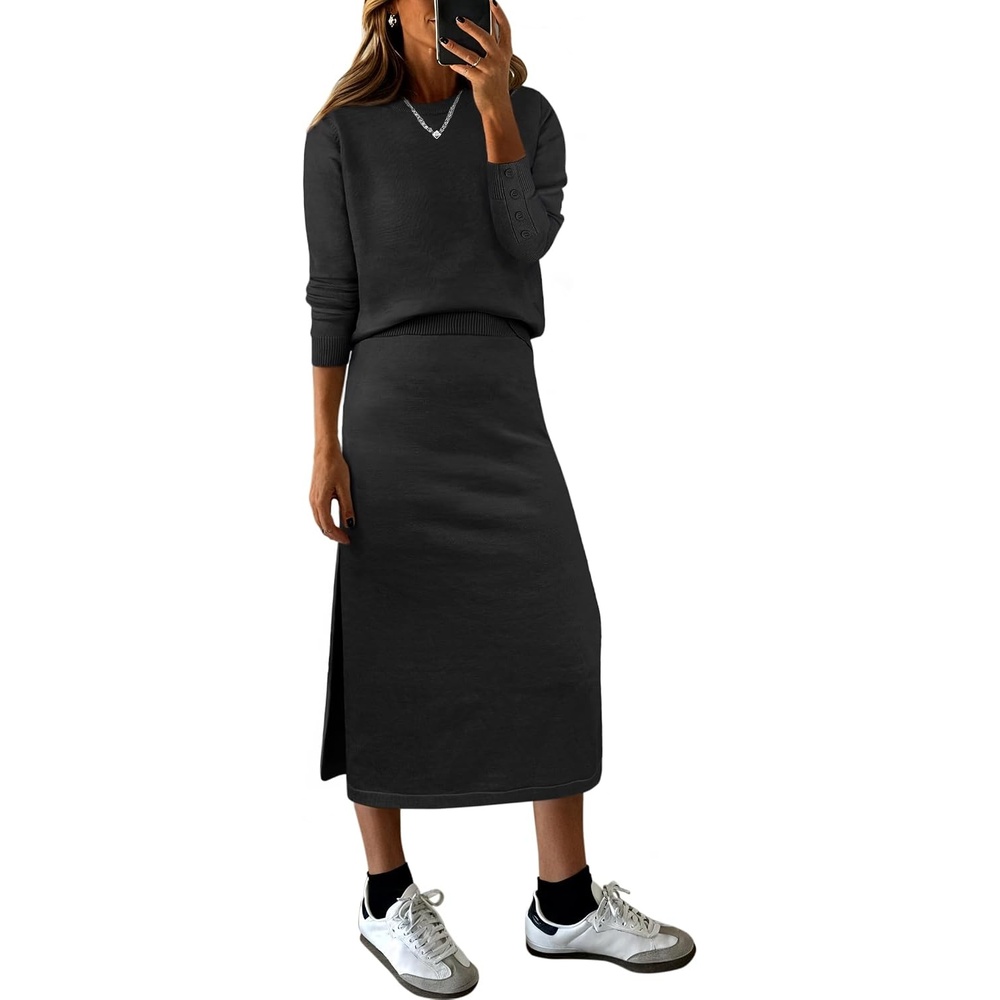 image:imageANRABESS Women 2 Piece Striped Sweater Skirt SetBlack