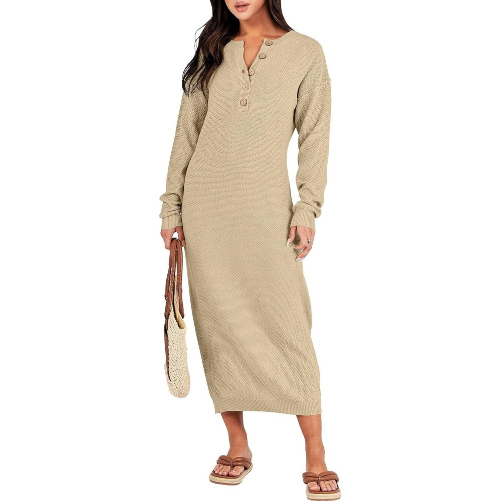 image:imageANRABESS Women Fall Long Sleeve Waffle Knit Midi Sweater DressApricot