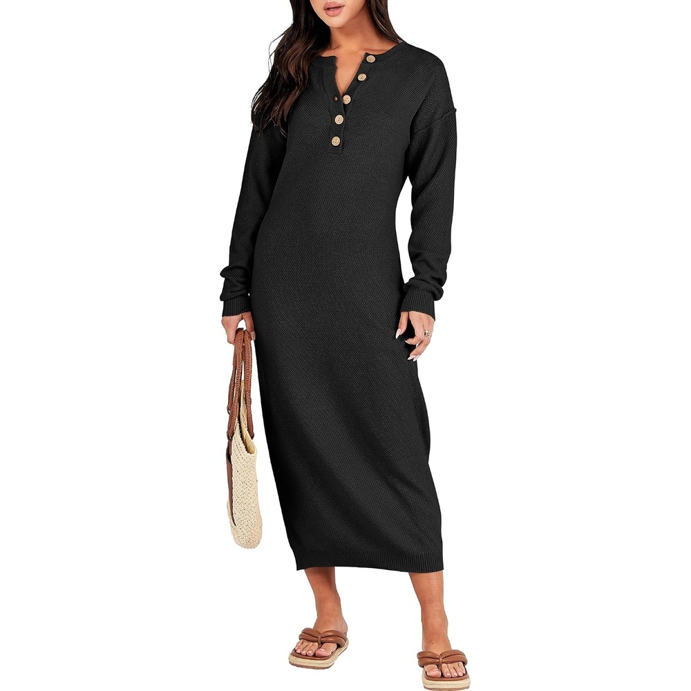 image:imageANRABESS Women Fall Long Sleeve Waffle Knit Midi Sweater DressBlack