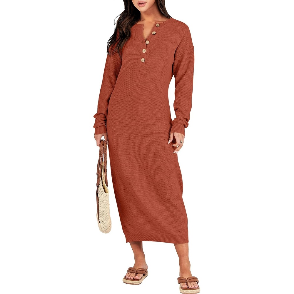 image:imageANRABESS Women Fall Long Sleeve Waffle Knit Midi Sweater DressBrick Red