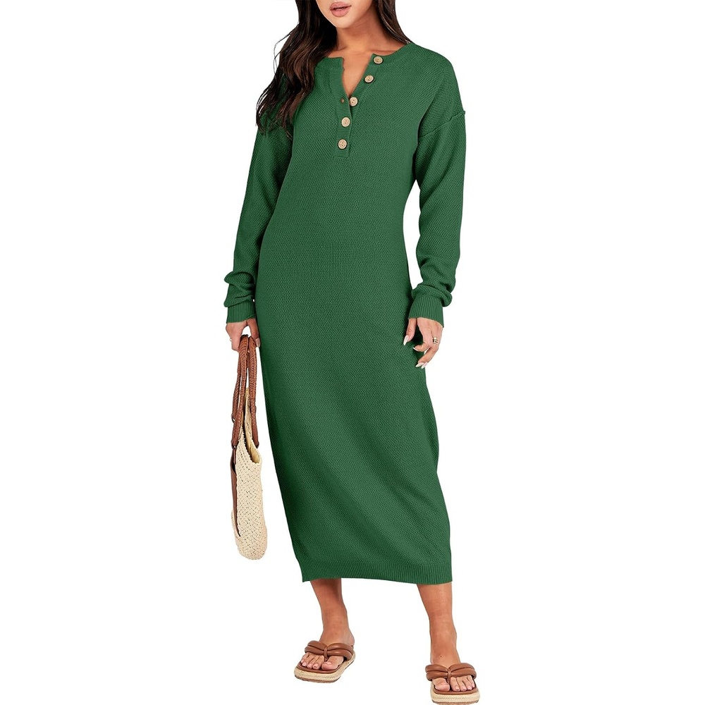 image:imageANRABESS Women Fall Long Sleeve Waffle Knit Midi Sweater DressGreen
