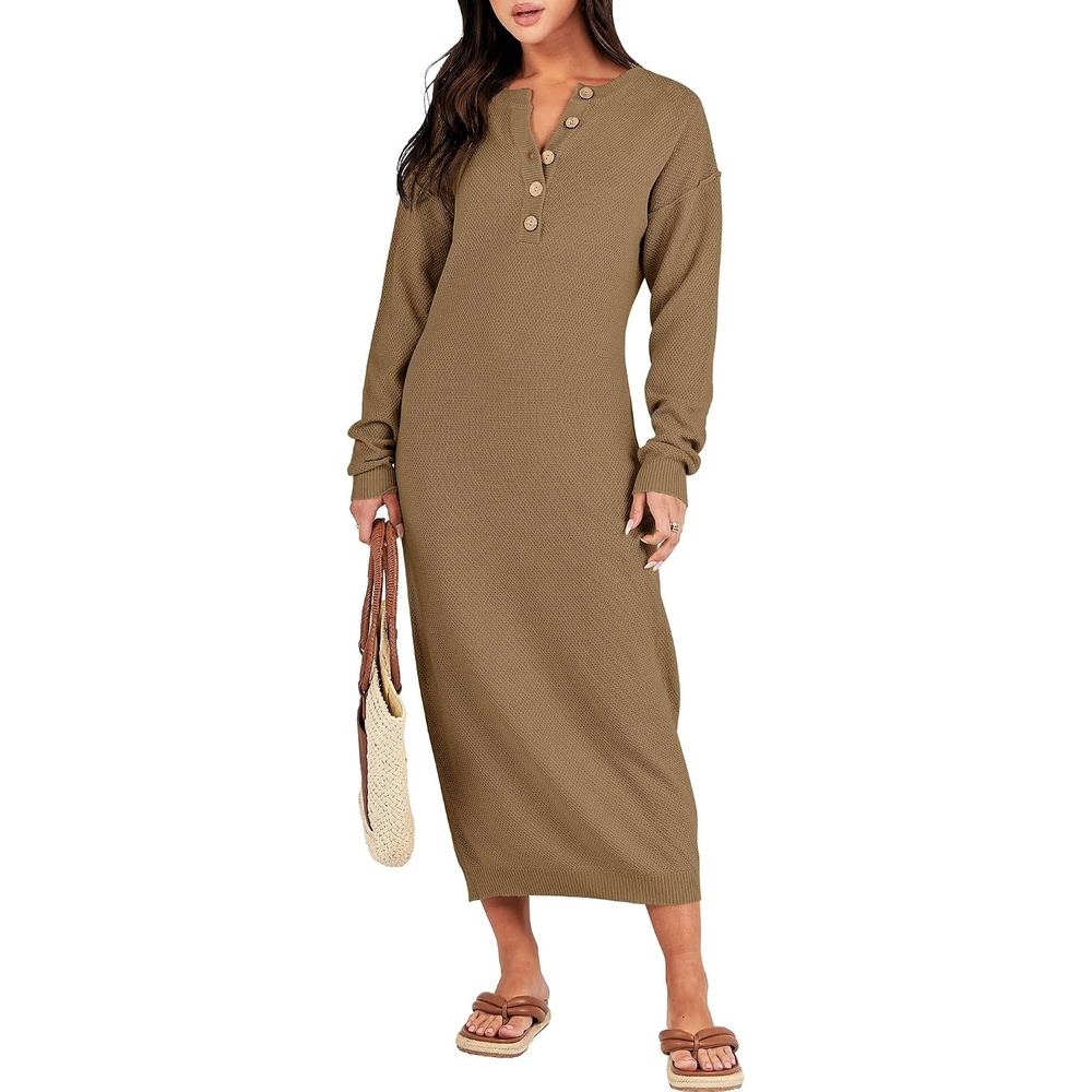 image:imageANRABESS Women Fall Long Sleeve Waffle Knit Midi Sweater DressKhaki