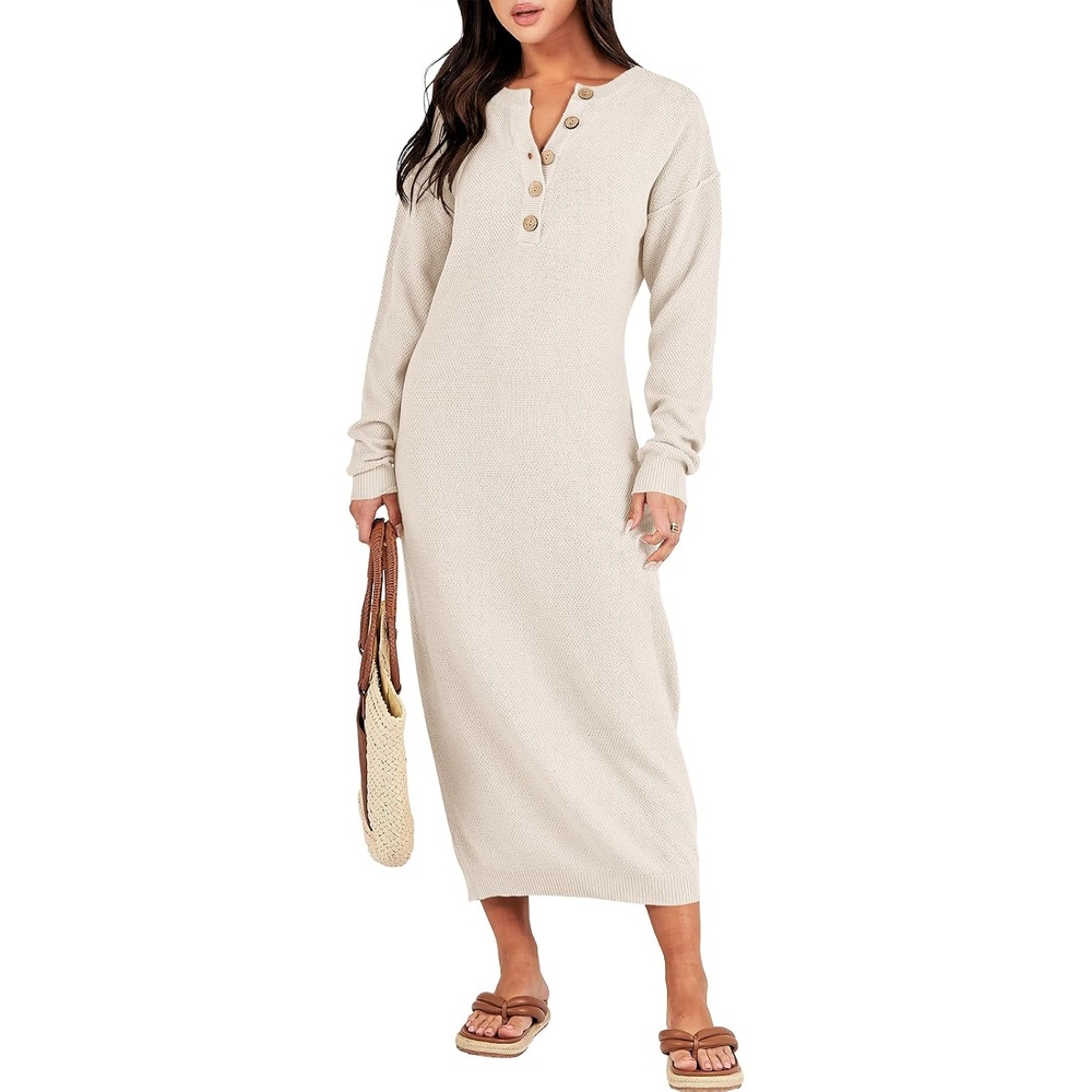 image:imageANRABESS Women Fall Long Sleeve Waffle Knit Midi Sweater DressLight Apricot
