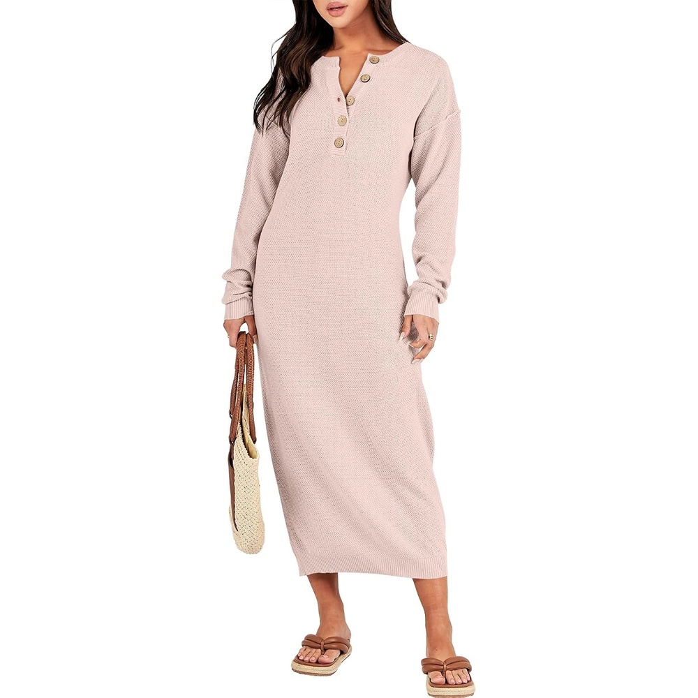 image:imageANRABESS Women Fall Long Sleeve Waffle Knit Midi Sweater DressLight Pink