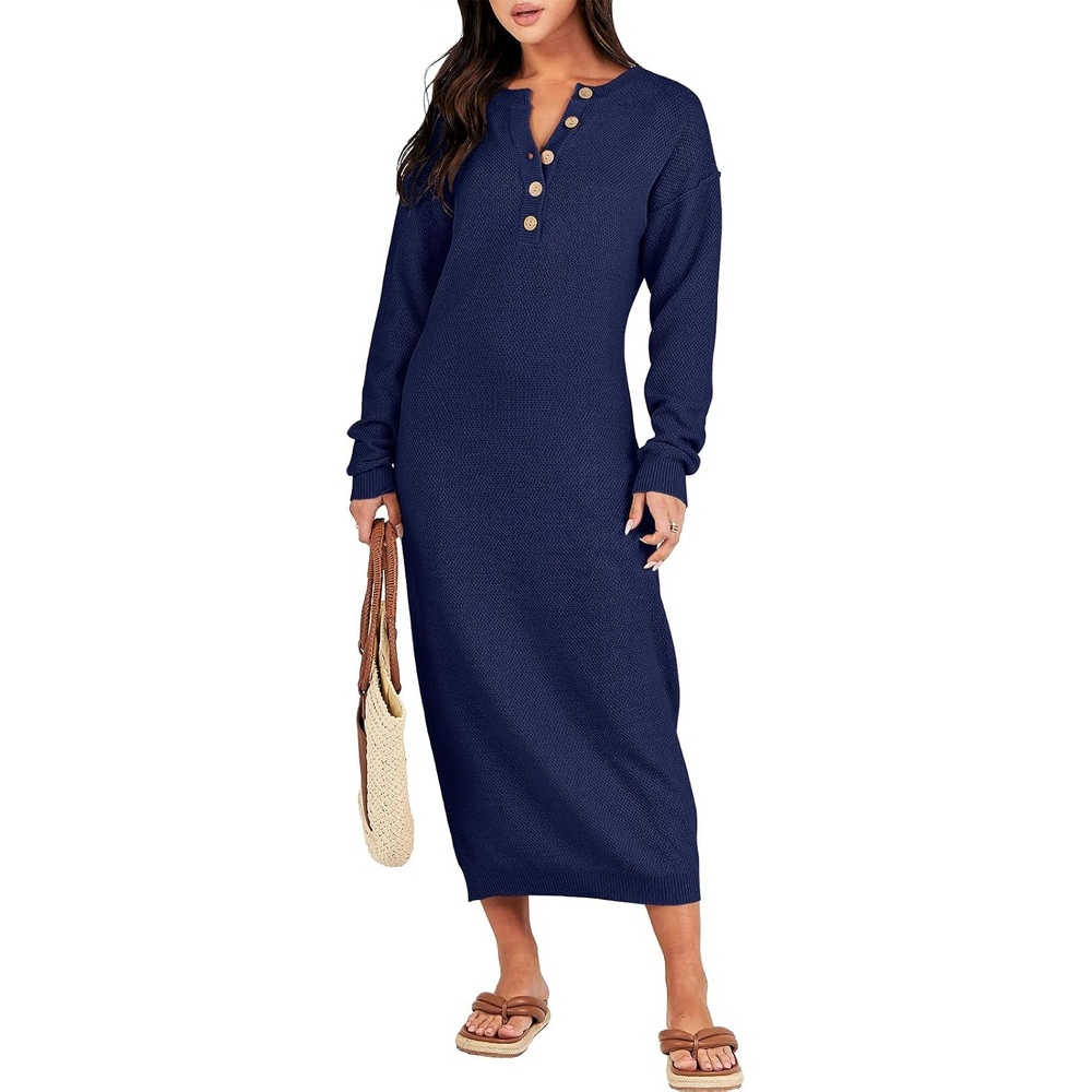 image:imageANRABESS Women Fall Long Sleeve Waffle Knit Midi Sweater DressNavy Blue
