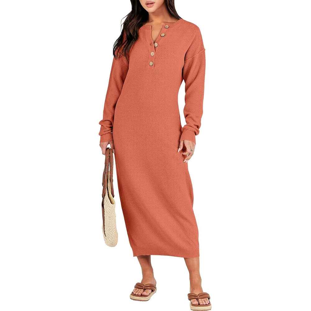 image:imageANRABESS Women Fall Long Sleeve Waffle Knit Midi Sweater DressOrange
