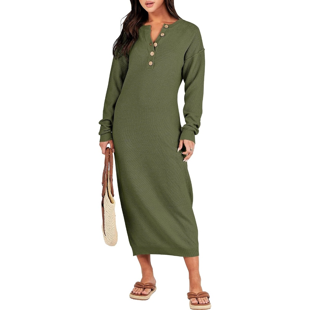 image:imageANRABESS Women Fall Long Sleeve Waffle Knit Midi Sweater DressPea Green