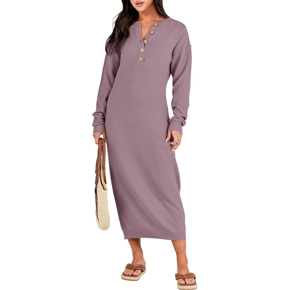 image:imageANRABESS Women Fall Long Sleeve Waffle Knit Midi Sweater DressRed Apricot