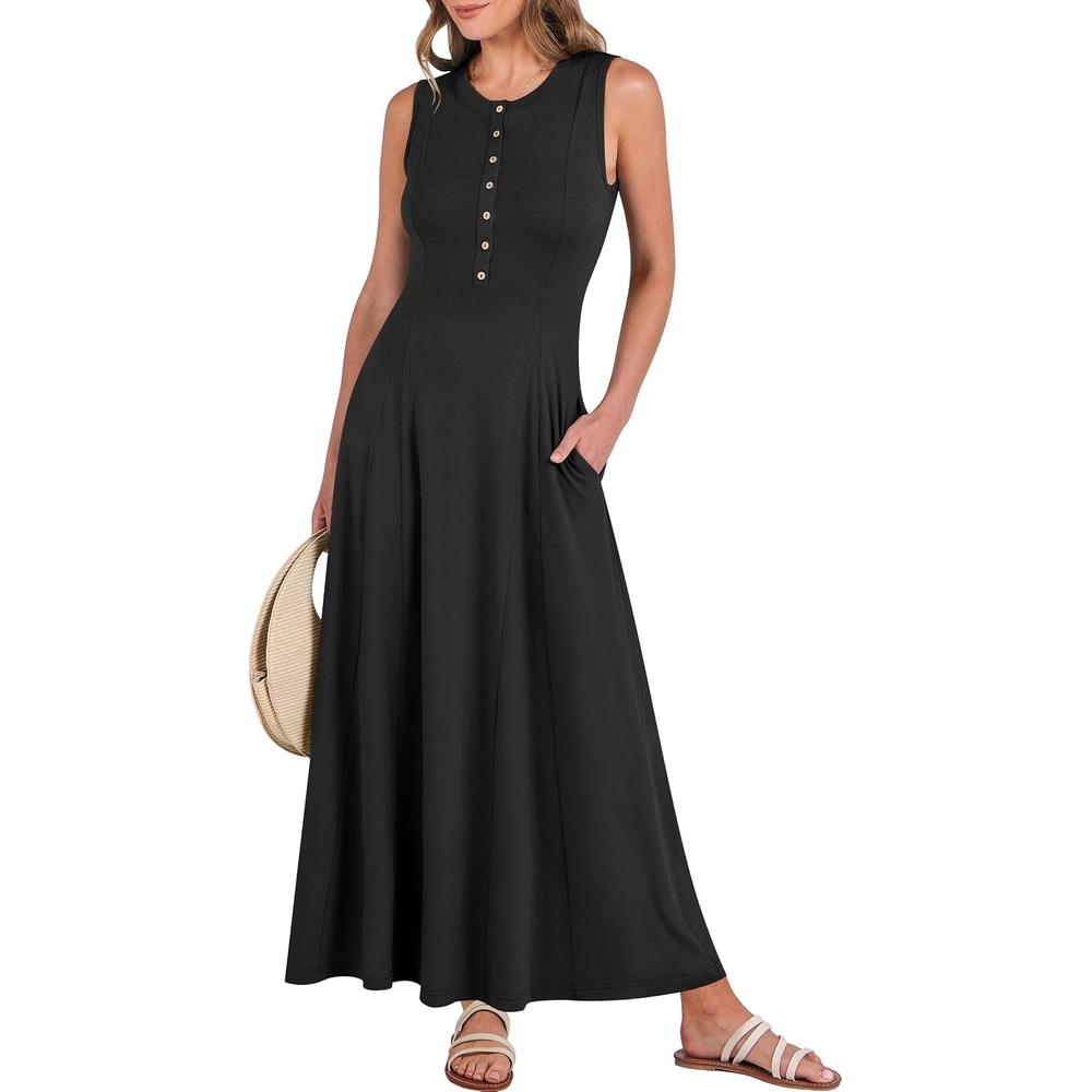 image:imageANRABESS Women Summer Casual Sleeveless Maxi Sundress Button Fit amp Flare ALine Flowy Long Dresses 2026 Beach OutfitsBlack