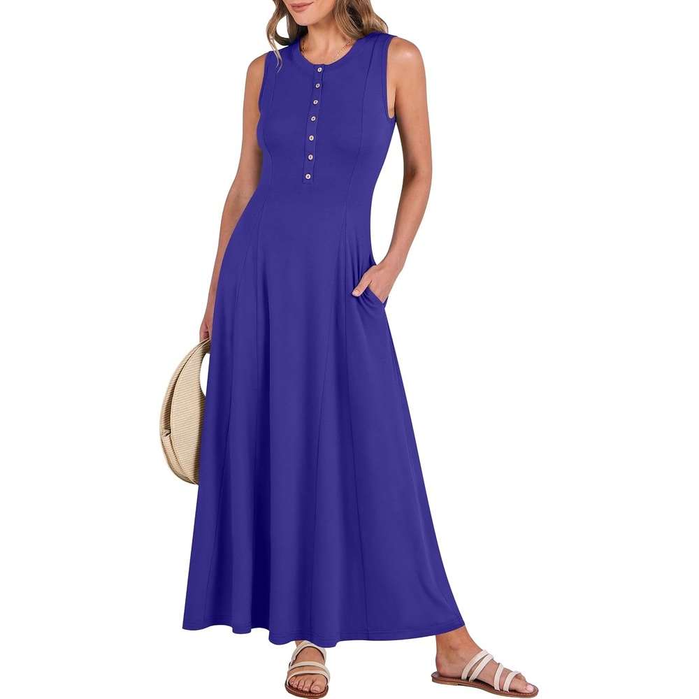 image:imageANRABESS Women Summer Casual Sleeveless Maxi Sundress Button Fit amp Flare ALine Flowy Long Dresses 2026 Beach OutfitsRoyal Blue