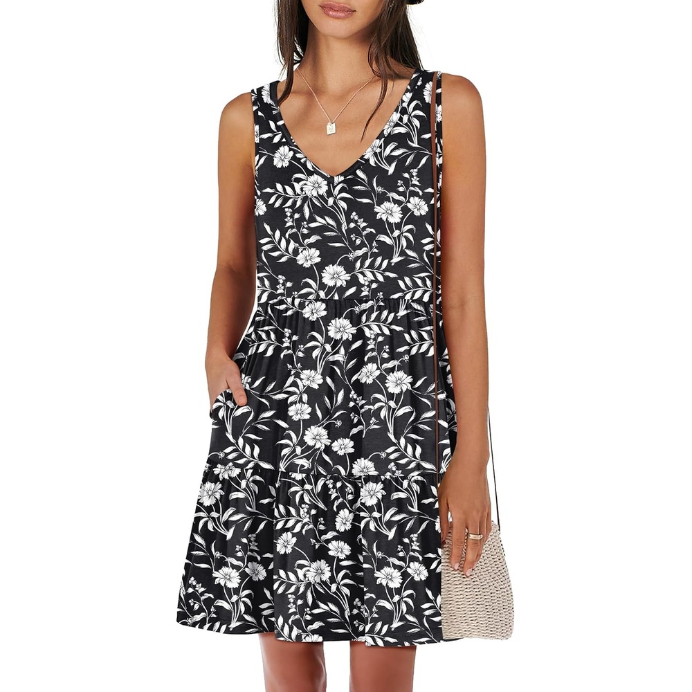 image:imageANRABESS Women Summer Sleeveless Mini Dress Casual Tank SundressBlack White Floral
