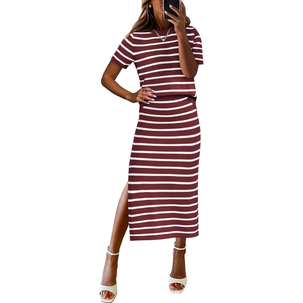 image:imageANRABESS Womens 2 Piece Striped Sweater Skirt SetRed White
