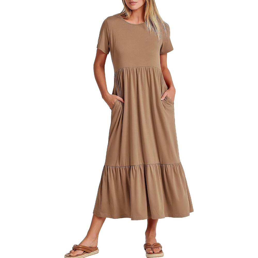 image:imageANRABESS Womens 2026 Summer Casual Short Sleeve Maxi Dress with PocketsKhaki