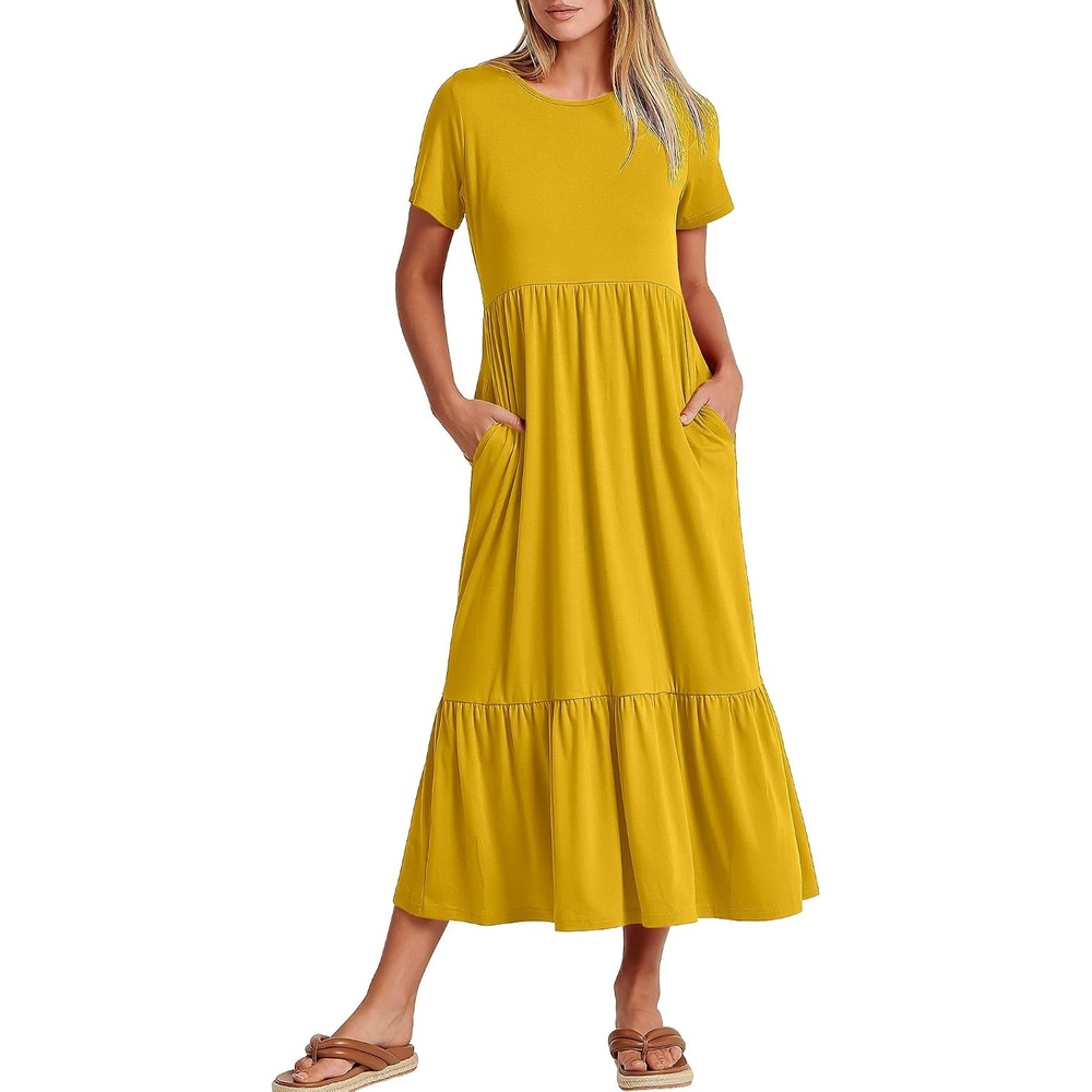 image:imageANRABESS Womens 2026 Summer Casual Short Sleeve Maxi Dress with PocketsMustrad Yellow