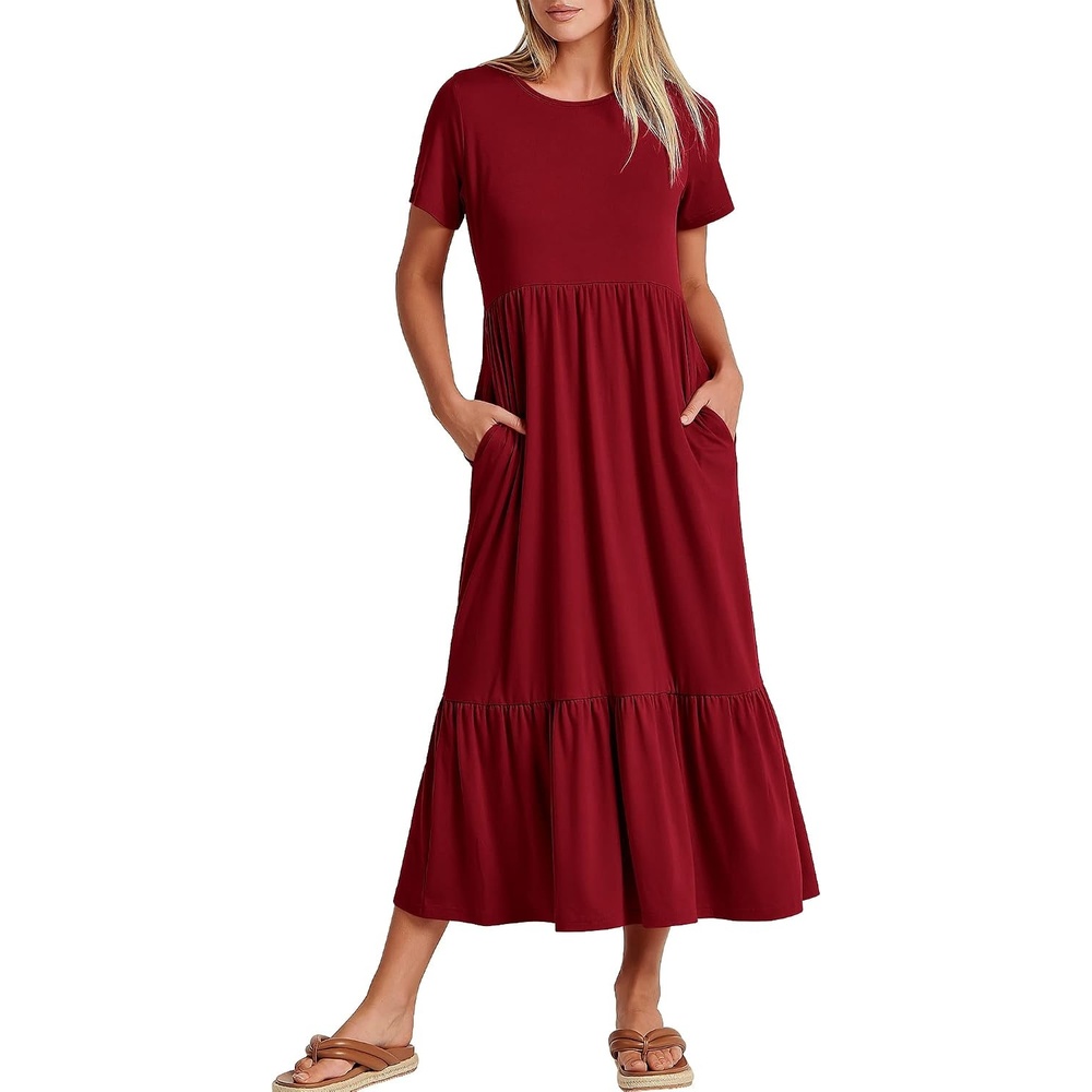 image:imageANRABESS Womens 2026 Summer Casual Short Sleeve Maxi Dress with PocketsWine Red