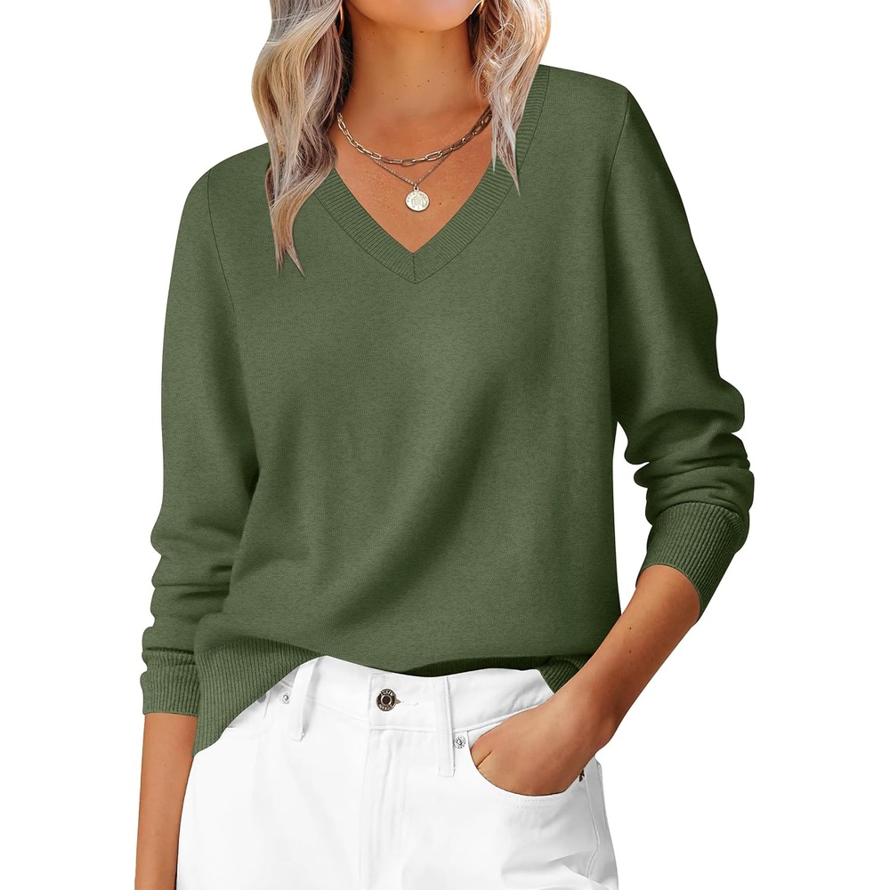 image:imageANRABESS Womens Fall Long Sleeve V Neck Lightweight Sweaters TopArmy Green