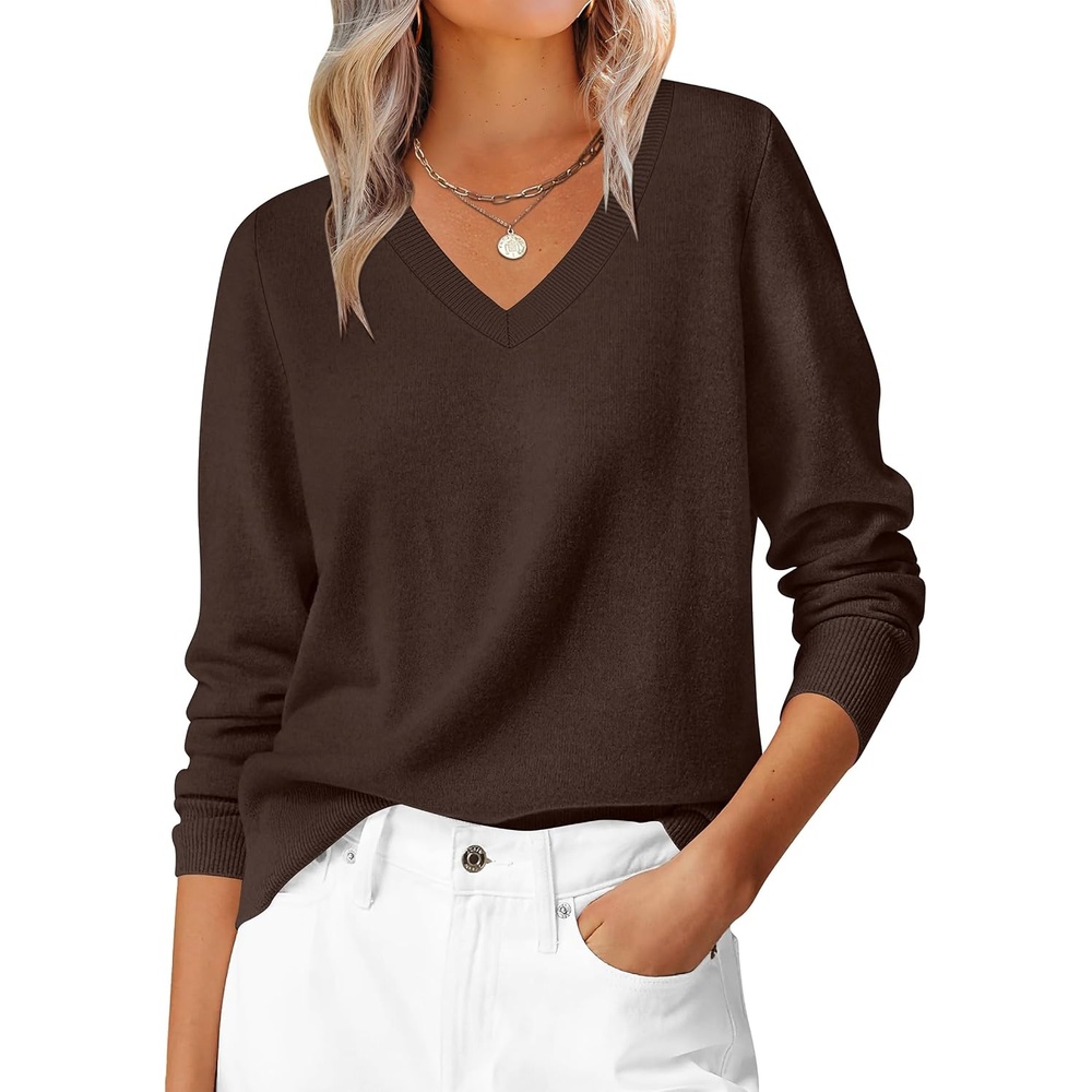 image:imageANRABESS Womens Fall Long Sleeve V Neck Lightweight Sweaters TopCoffee
