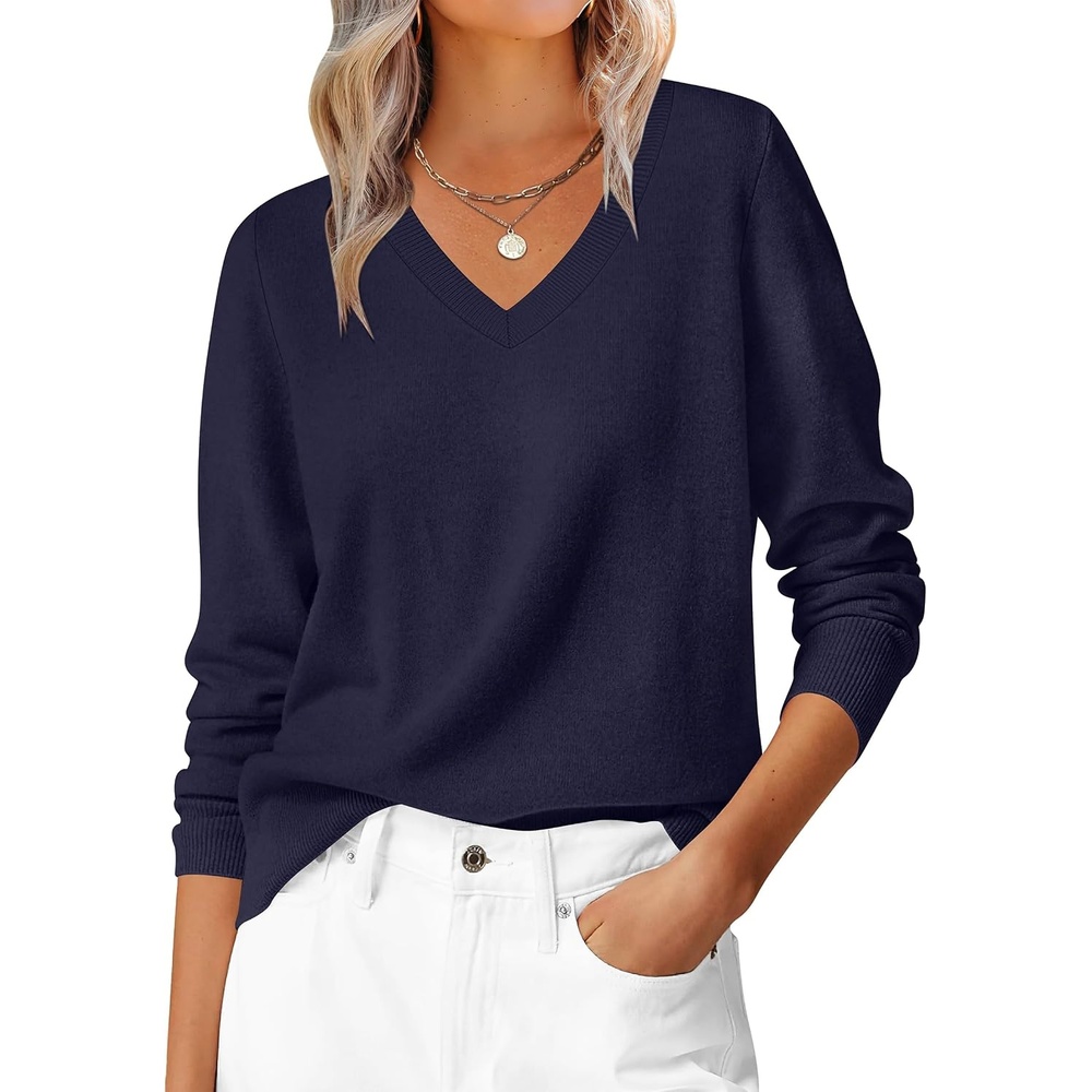image:imageANRABESS Womens Fall Long Sleeve V Neck Lightweight Sweaters TopNavy Blue
