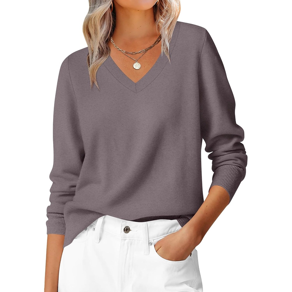 image:imageANRABESS Womens Fall Long Sleeve V Neck Lightweight Sweaters TopNutmeg