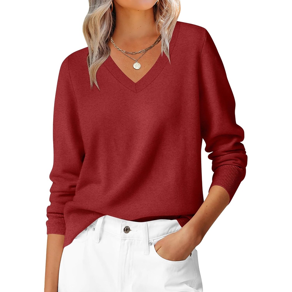 image:imageANRABESS Womens Fall Long Sleeve V Neck Lightweight Sweaters TopRed