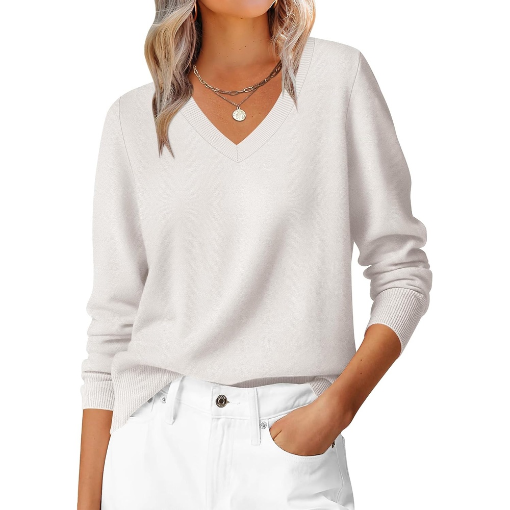 image:imageANRABESS Womens Fall Long Sleeve V Neck Lightweight Sweaters TopWhite