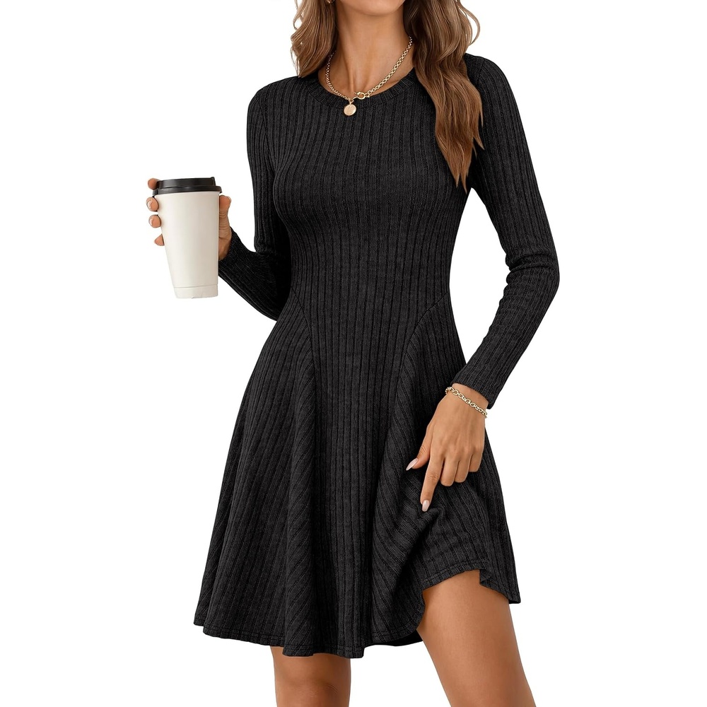 image:imageANRABESS Womens Long Sleeve Fall Dresses Ribbed Knit Sweater DressBlack