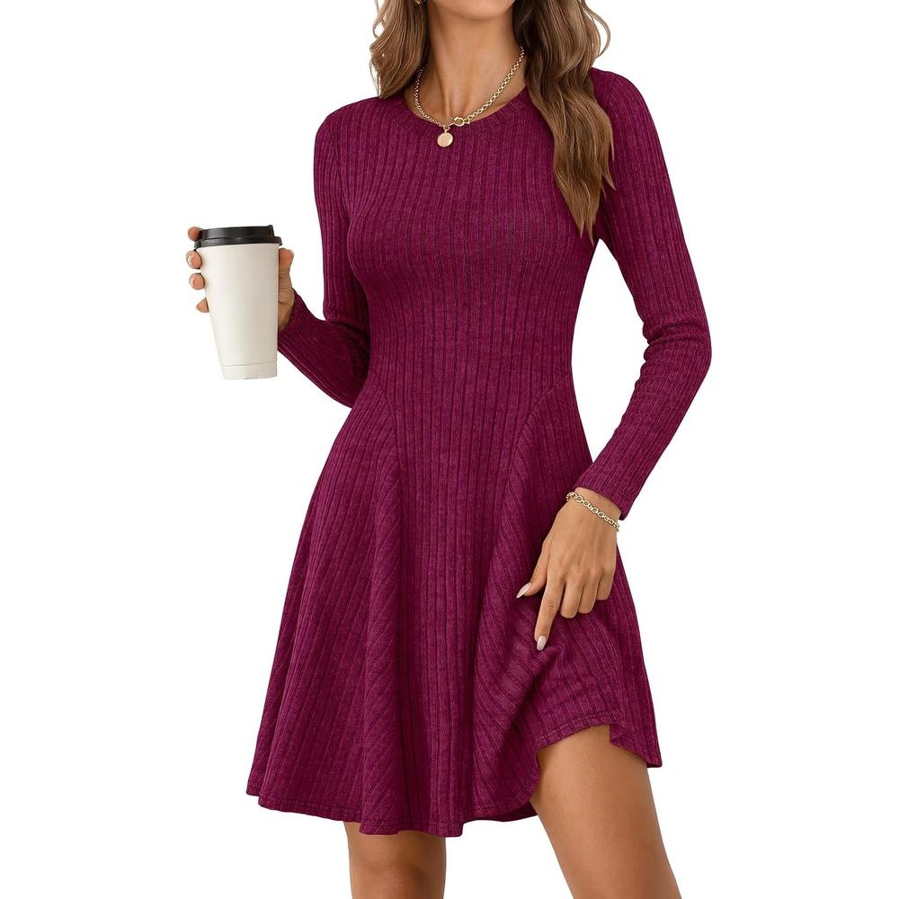 image:imageANRABESS Womens Long Sleeve Fall Dresses Ribbed Knit Sweater DressBurgundy