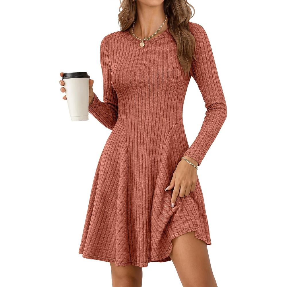 image:imageANRABESS Womens Long Sleeve Fall Dresses Ribbed Knit Sweater DressBurnt Orange