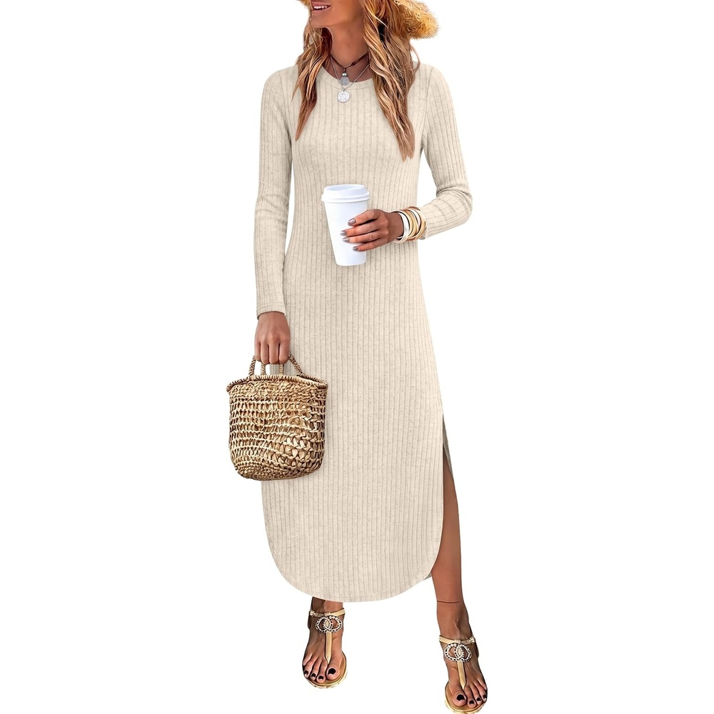 image:imageANRABESS Womens Long Sleeve Maxi Fall Knit Sweater DressBeige