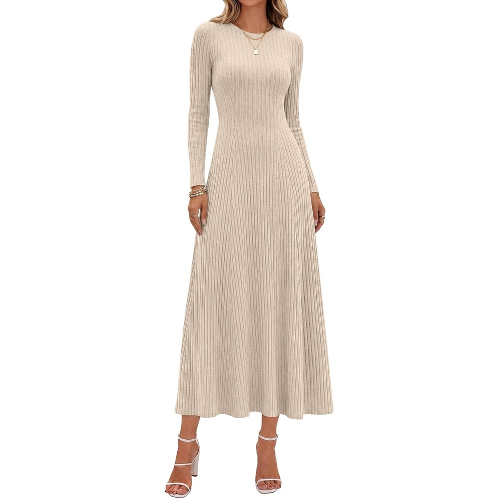 image:imageANRABESS Womens Long Sleeve Ribbed Knit Fall Casual Maxi DressBeige