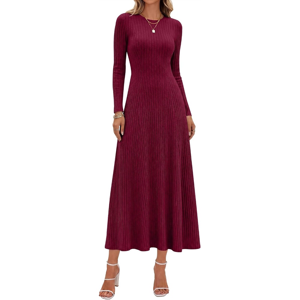 image:imageANRABESS Womens Long Sleeve Ribbed Knit Fall Casual Maxi DressBurgundy